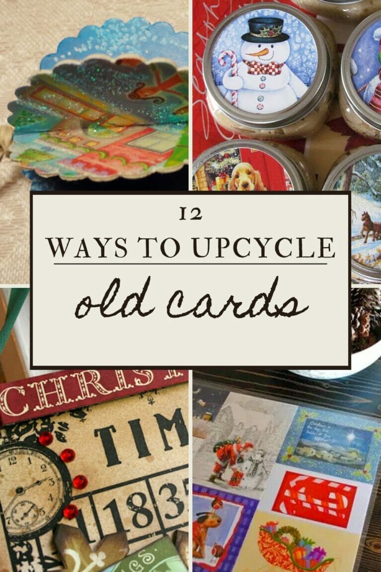 A pinterest-friendly graphic illustrating crafts with old christmas cards.