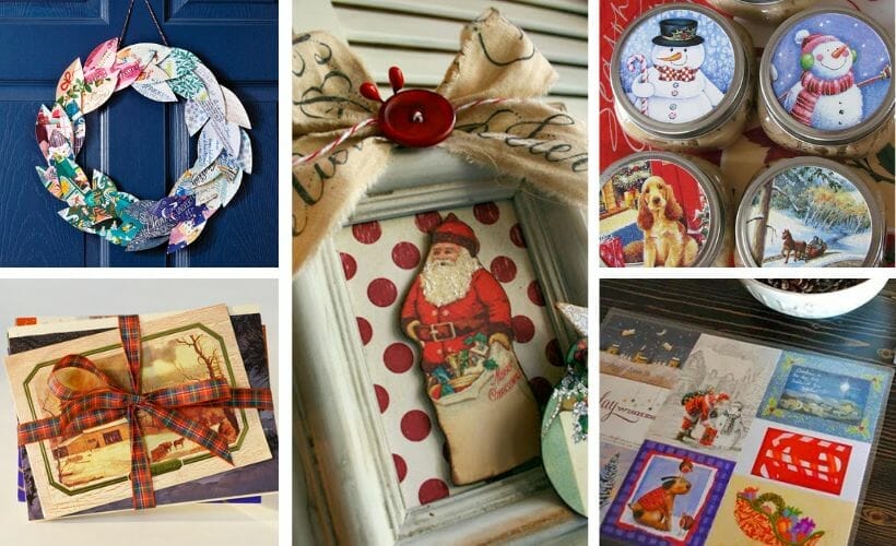 A collage of crafts with old christmas cards.