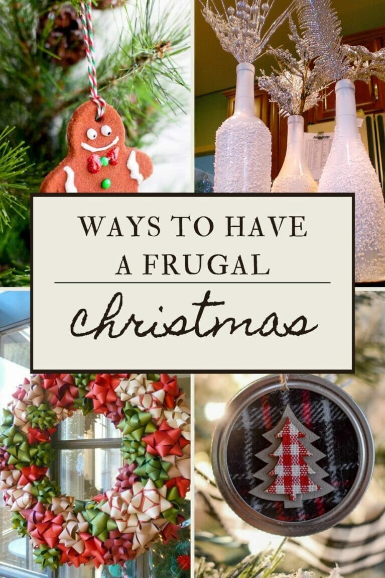 A pinterest-friendly collage promoting ways to have a frugal Christmas.