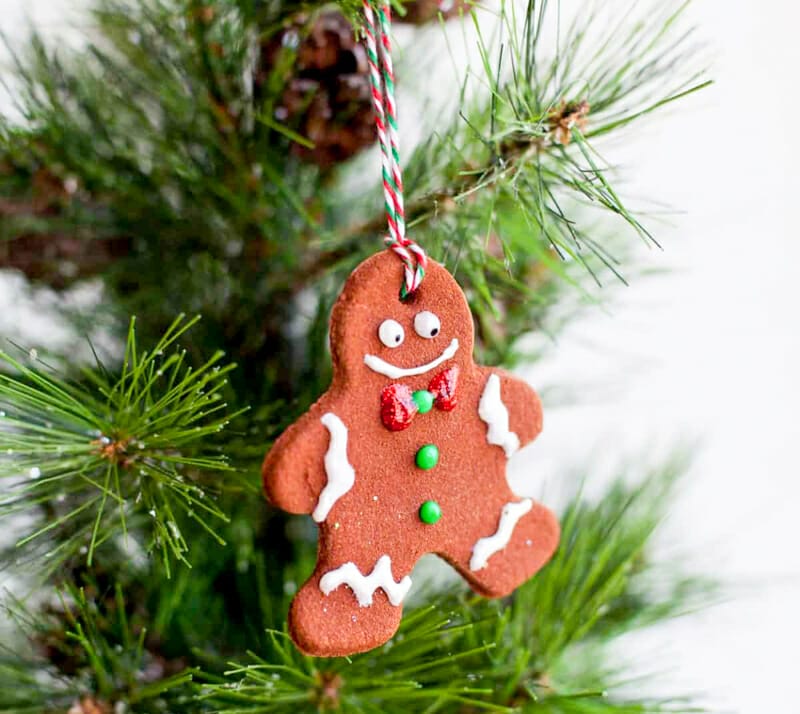A cinnamon gingerbread man Christmas ornament.