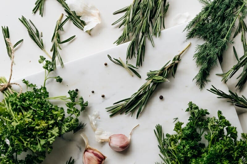 Herbs and garlic from the garden.