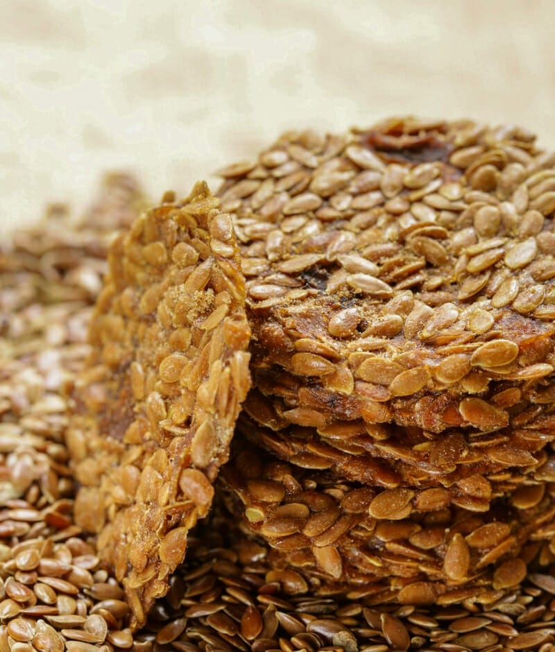 A stack of freshly made flax seed crackers.