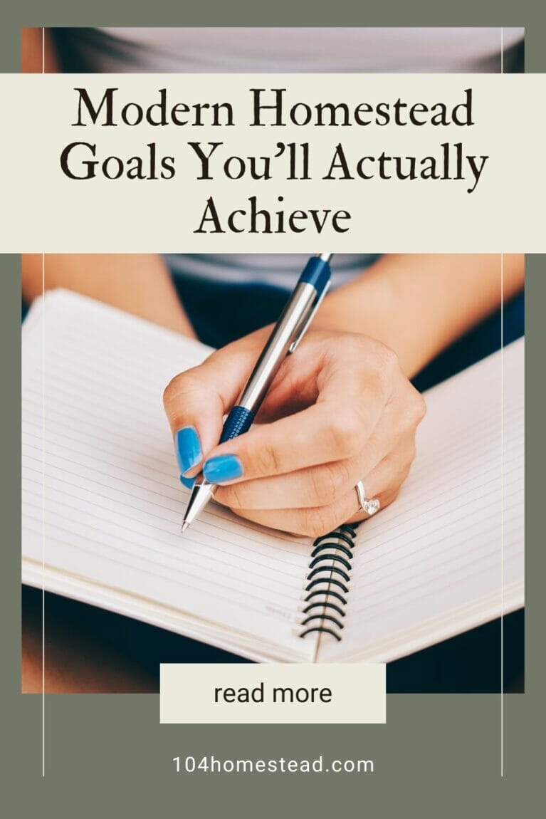 A pinterest-friendly graphic promoting creating homestead goals you'll actually achieve.