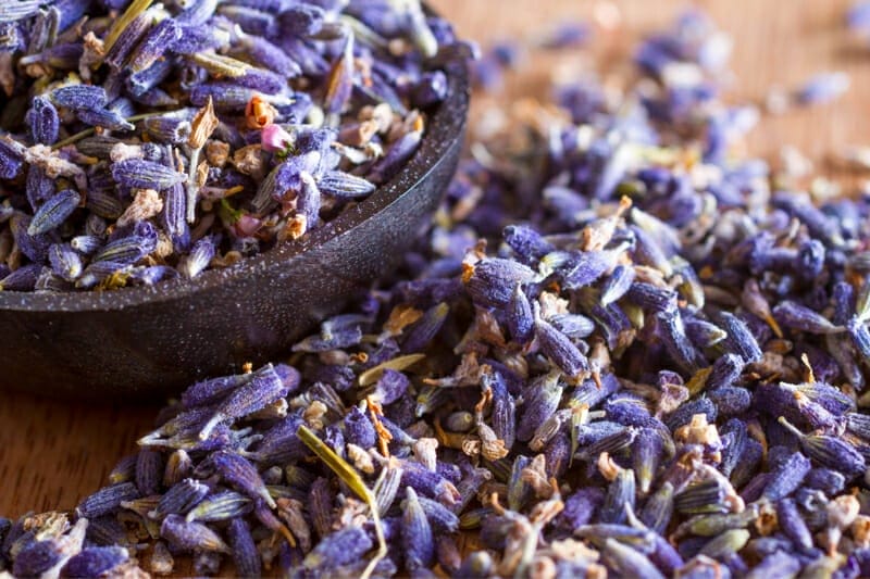 Dried lavender in a stone bowl.