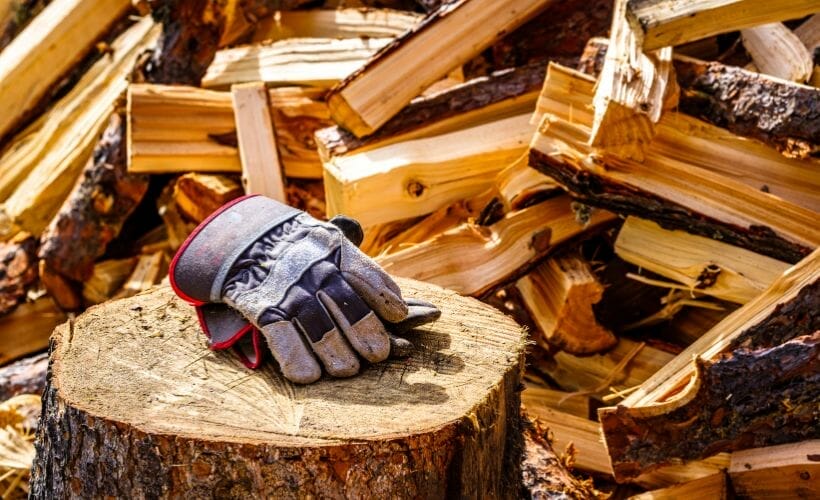 Work gloves sitting on a pine stump with split pine firewood in the background.