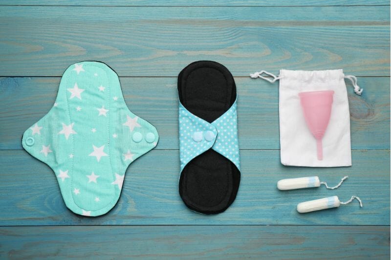 Reusable period pads, a menstrual cup, and plastic-free tampons.